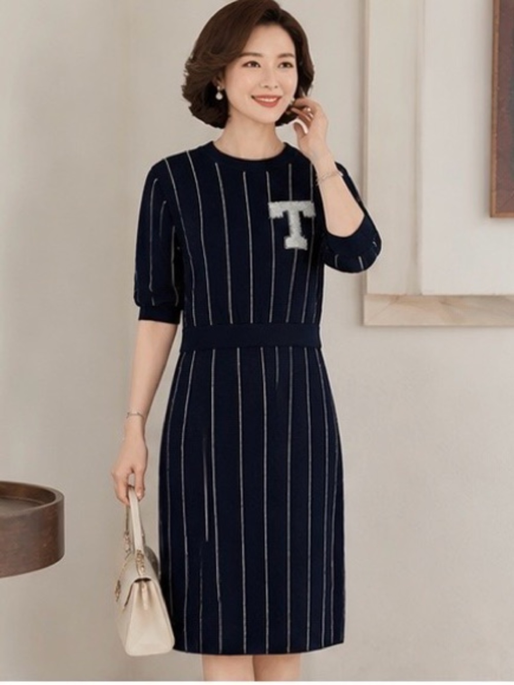 Navy Pinstripe Knit Dress with Contrast 'T' Detail